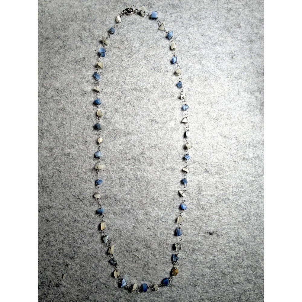 Vintage Y2K Blue Ivory Cats Eye Glass Bead Necklace Double Strand Wire Wrapped - Picture 6 of 7